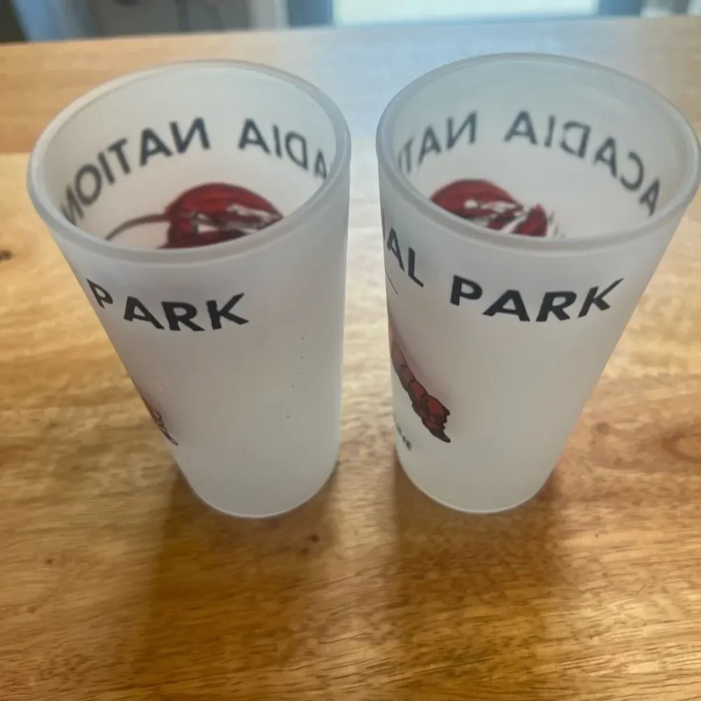 Acadia National Park Frosted Glass Set. Pair of two bar Harbor Maine Lobster bar